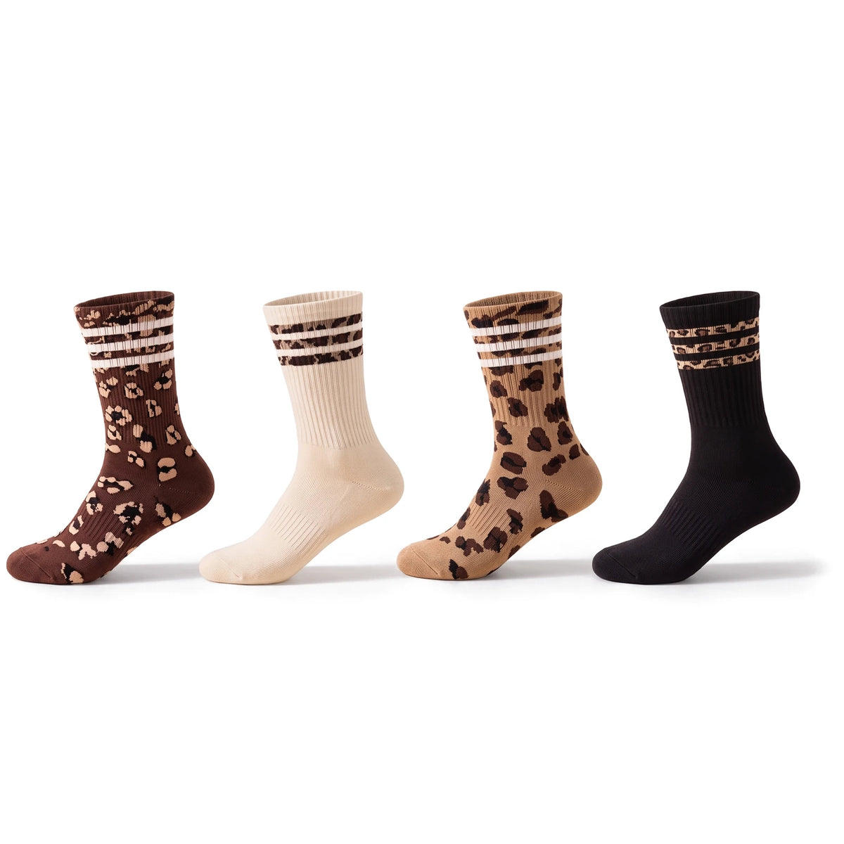 4 pairs of leopard print crew socks in chocolate, cream, camel and black