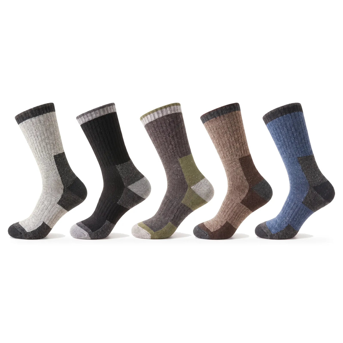 5 pairs of thermal hiking socks in light grey, black, charcoal, brown and blue