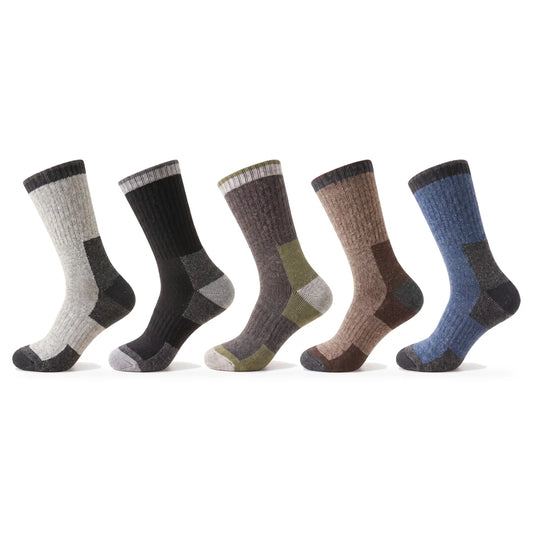 5 pairs of thermal hiking socks in light grey, black, charcoal, brown and blue